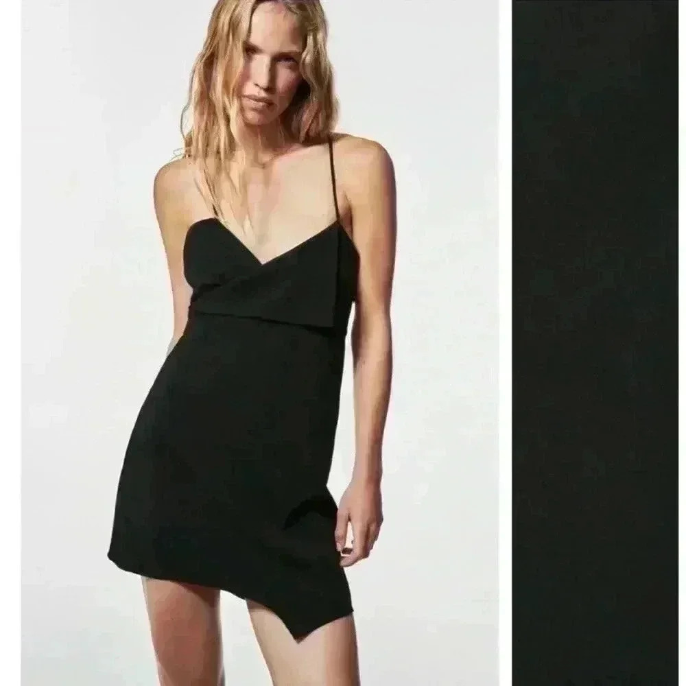 Zara Women Black Sleeveless Strappy Open Back Surplice Mini Dress